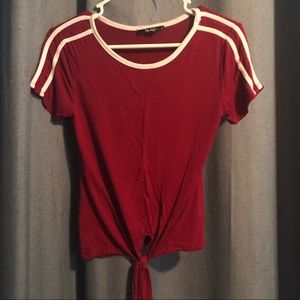 Red and white T with tie.